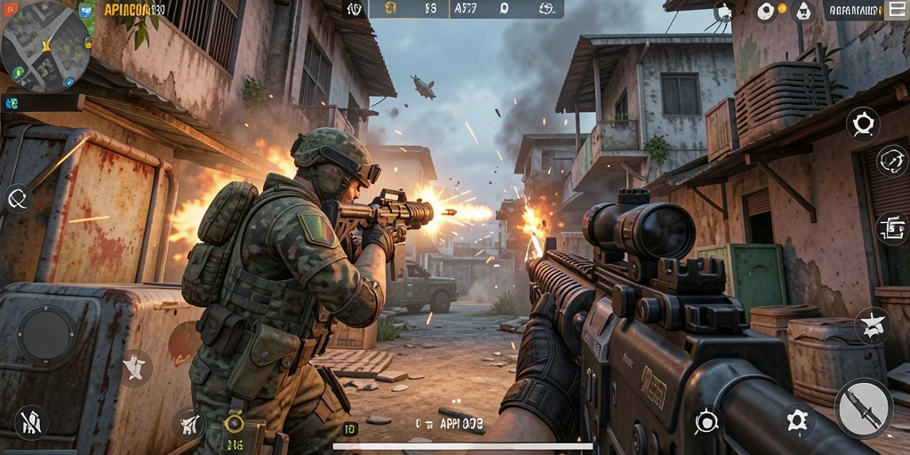Tangkapan layar gameplay API77 dengan aksi tembak-menembak yang seru.