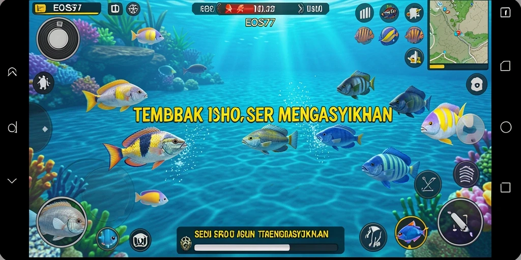Tangkapan layar menampilkan aksi menembak ikan dalam EOS77.