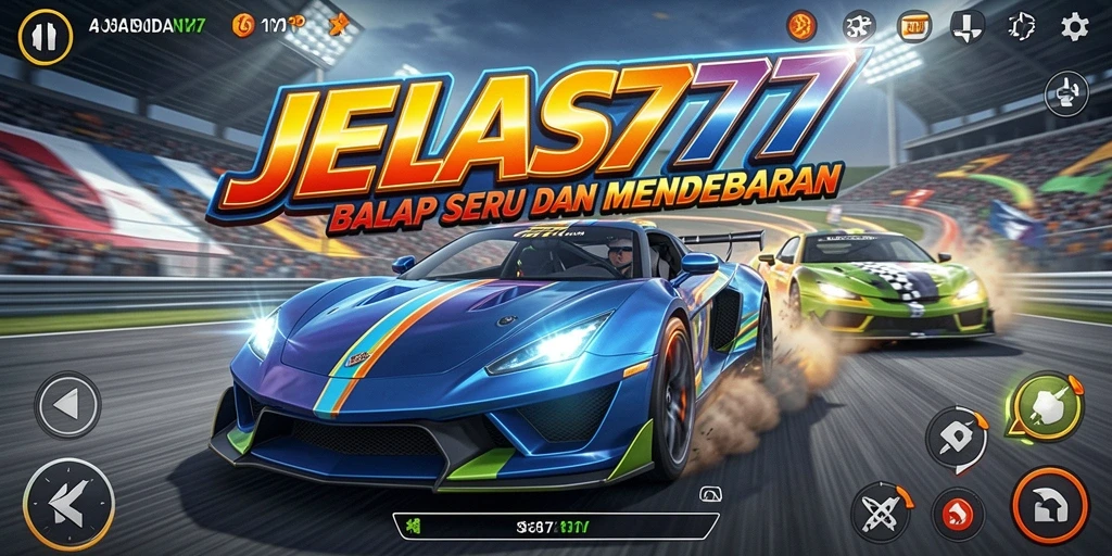 Screenshot gameplay JELAS777 menunjukkan mobil balap melaju kencang di jalur yang penuh tantangan.