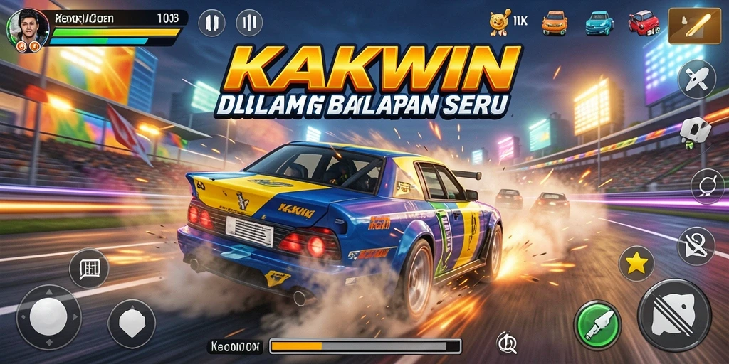 Screenshot gameplay KAKWIN menampilkan balapan yang penuh aksi dan kecepatan.