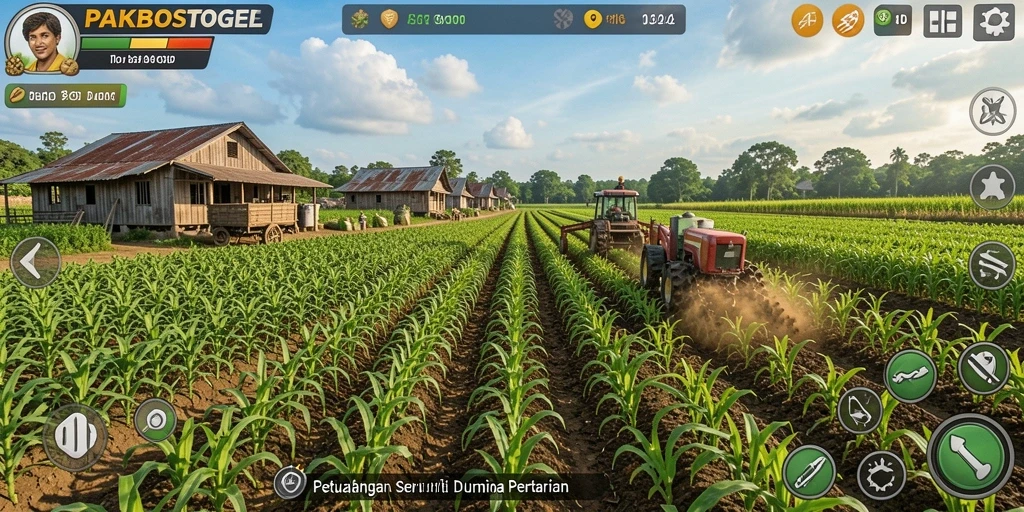 Tangkapan layar gameplay PAKBOSTOGEL dengan pemandangan kebun hijau yang indah.