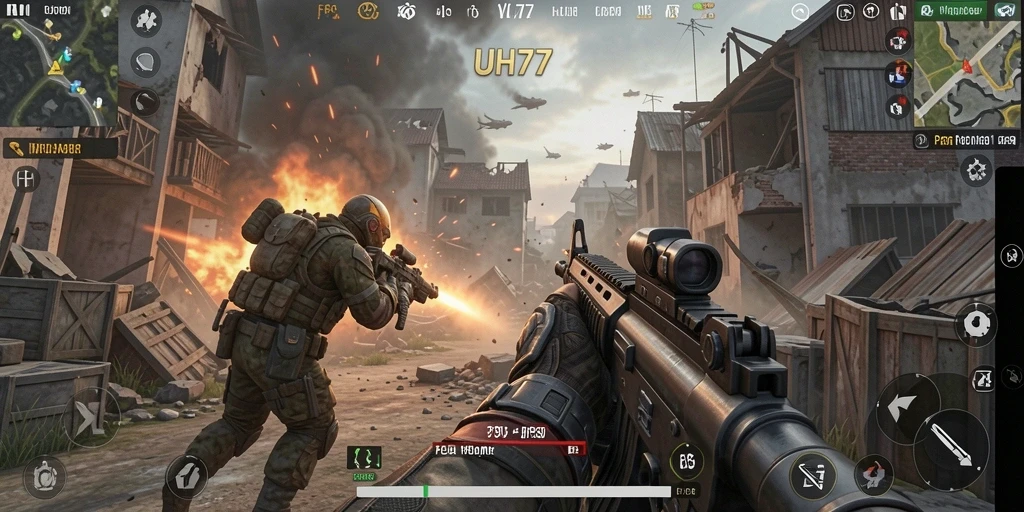 Screenshot UH77 menampilkan aksi pertempuran intens dalam mode FPS.