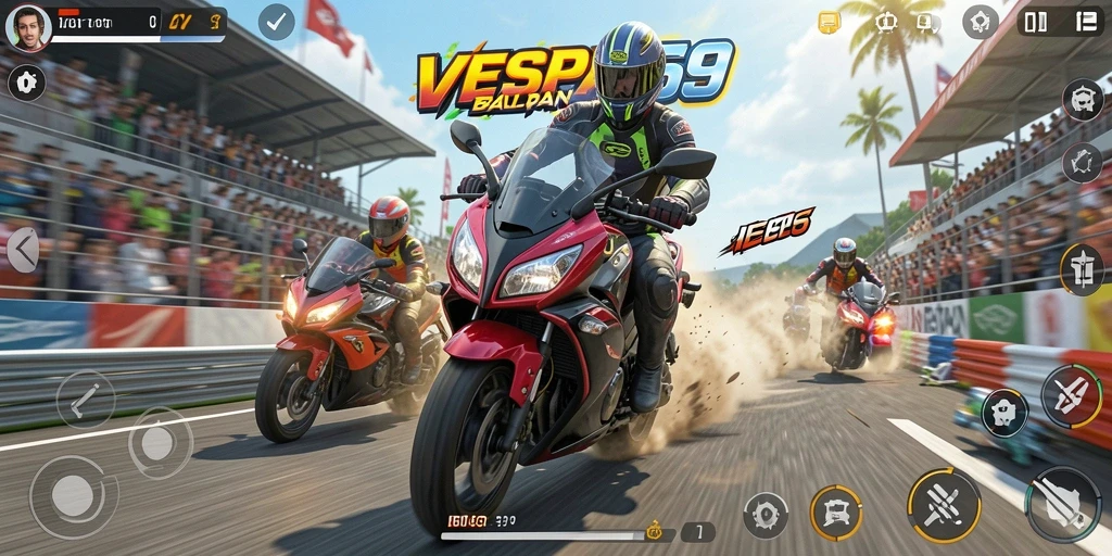 Screenshot gameplay VESPA69 menampilkan aksi balapan motor yang menegangkan.